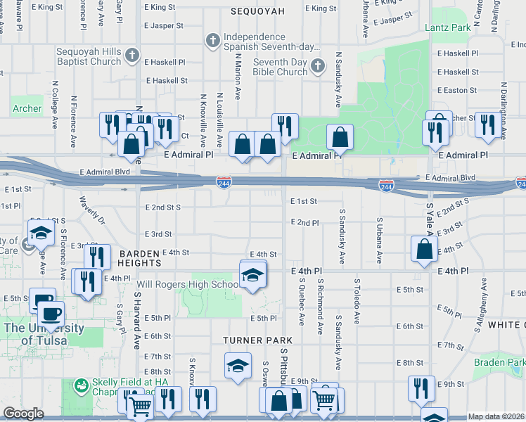 map of restaurants, bars, coffee shops, grocery stores, and more near 3917 East 2nd Place in Tulsa