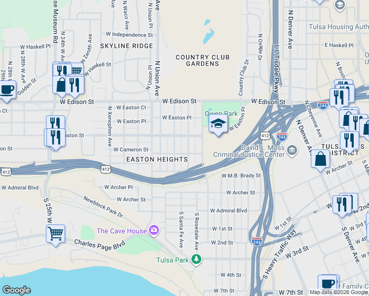 map of restaurants, bars, coffee shops, grocery stores, and more near 1410 West Cameron Street in Tulsa