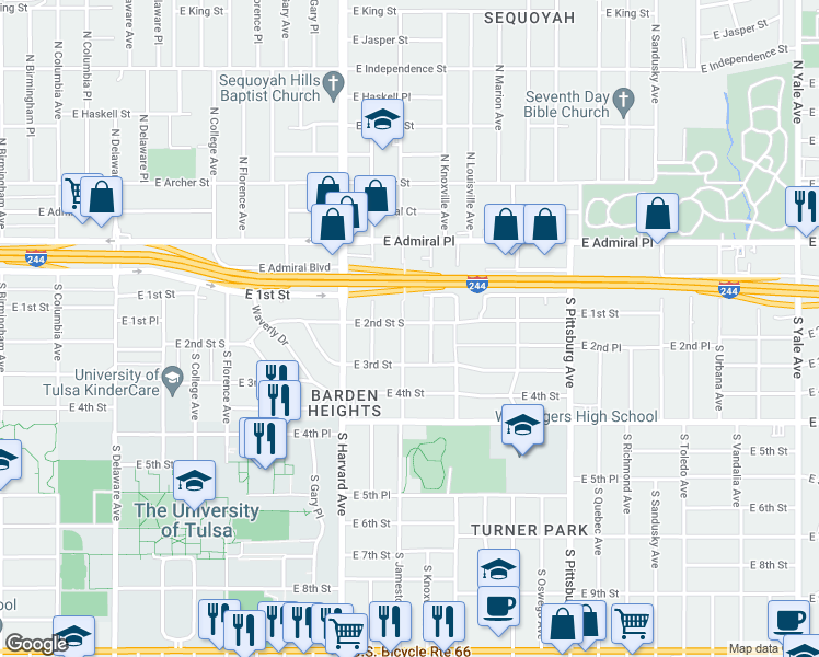 map of restaurants, bars, coffee shops, grocery stores, and more near 203 South Jamestown Avenue in Tulsa