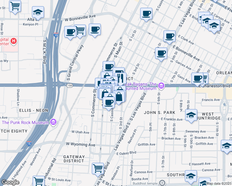 map of restaurants, bars, coffee shops, grocery stores, and more near 1111 South Casino Center Boulevard in Las Vegas