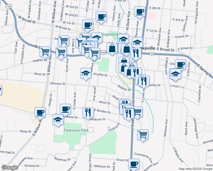 map of restaurants, bars, coffee shops, grocery stores, and more near 74 East Stevens Street in Cookeville