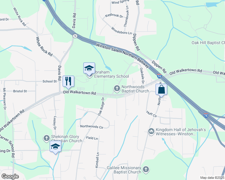map of restaurants, bars, coffee shops, grocery stores, and more near 4879 Oakdale Drive in Winston-Salem