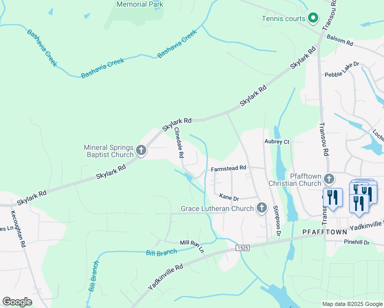 map of restaurants, bars, coffee shops, grocery stores, and more near 5621 Clinedale Court in Pfafftown