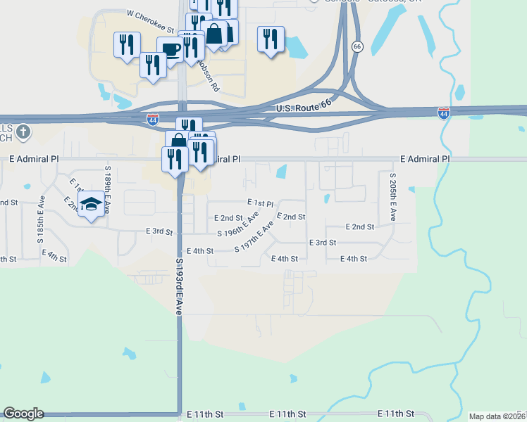 map of restaurants, bars, coffee shops, grocery stores, and more near 123 South 196th East Avenue in Tulsa