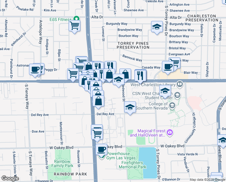 map of restaurants, bars, coffee shops, grocery stores, and more near 6721 West Charleston Boulevard in Las Vegas