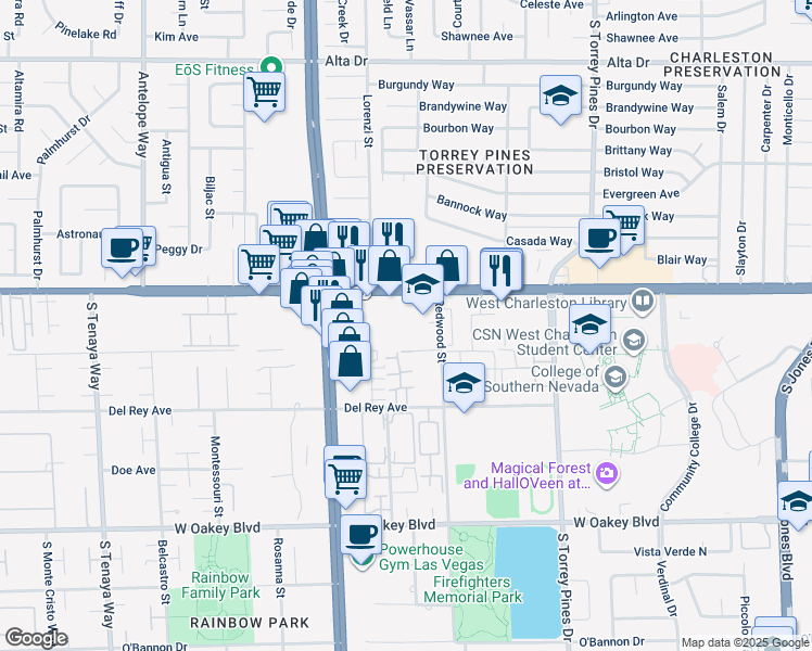 map of restaurants, bars, coffee shops, grocery stores, and more near 6721 West Charleston Boulevard in Las Vegas