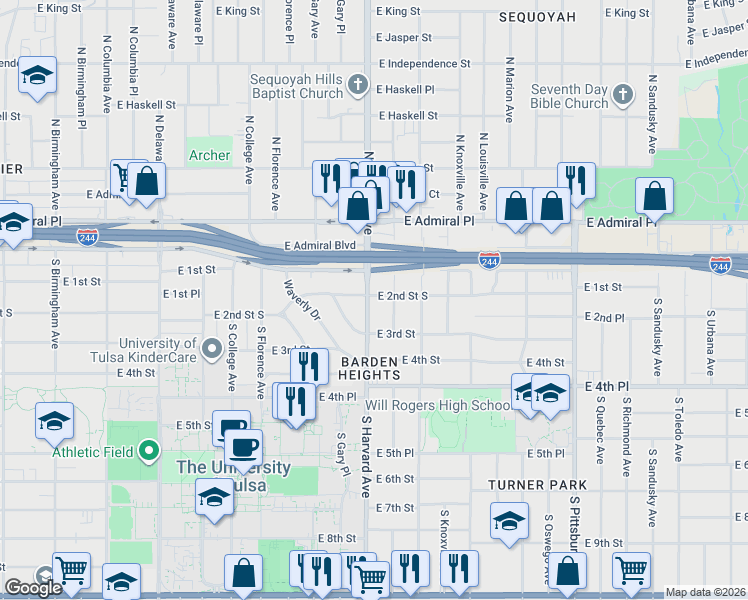 map of restaurants, bars, coffee shops, grocery stores, and more near 219 South Harvard Avenue in Tulsa