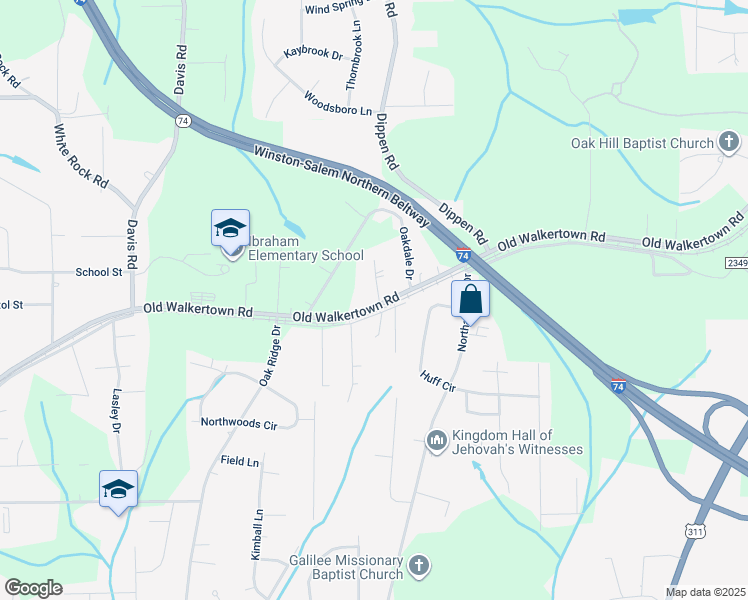 map of restaurants, bars, coffee shops, grocery stores, and more near 5224 Old Walkertown Road in Winston-Salem