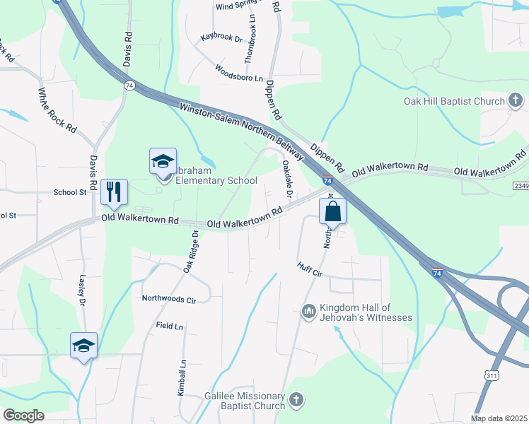 map of restaurants, bars, coffee shops, grocery stores, and more near 5224 Old Walkertown Road in Winston-Salem