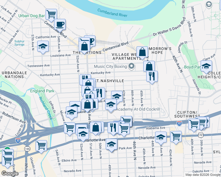map of restaurants, bars, coffee shops, grocery stores, and more near 4807 Illinois Avenue in Nashville