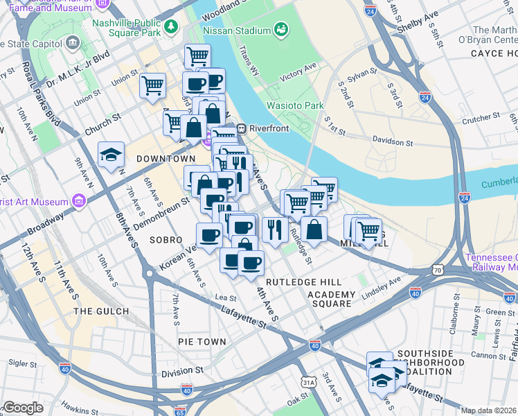 map of restaurants, bars, coffee shops, grocery stores, and more near Korean Veterans Boulevard in Nashville