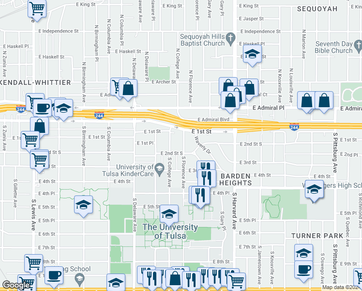 map of restaurants, bars, coffee shops, grocery stores, and more near 52 South Florence Avenue in Tulsa