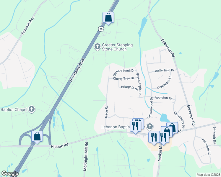 map of restaurants, bars, coffee shops, grocery stores, and more near 5538 Jason Road in Greensboro