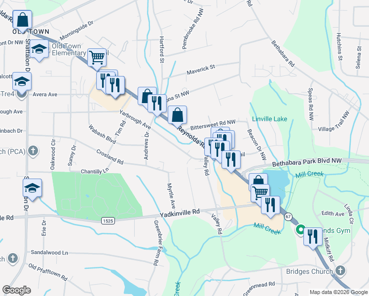 map of restaurants, bars, coffee shops, grocery stores, and more near 3610 Yarbrough Avenue in Winston-Salem