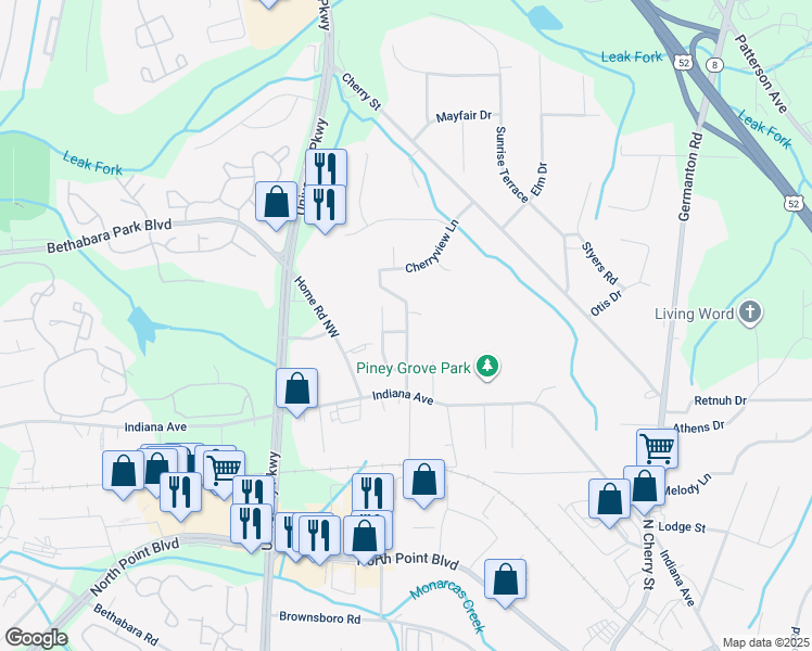 map of restaurants, bars, coffee shops, grocery stores, and more near Wilkes Drive in Winston-Salem