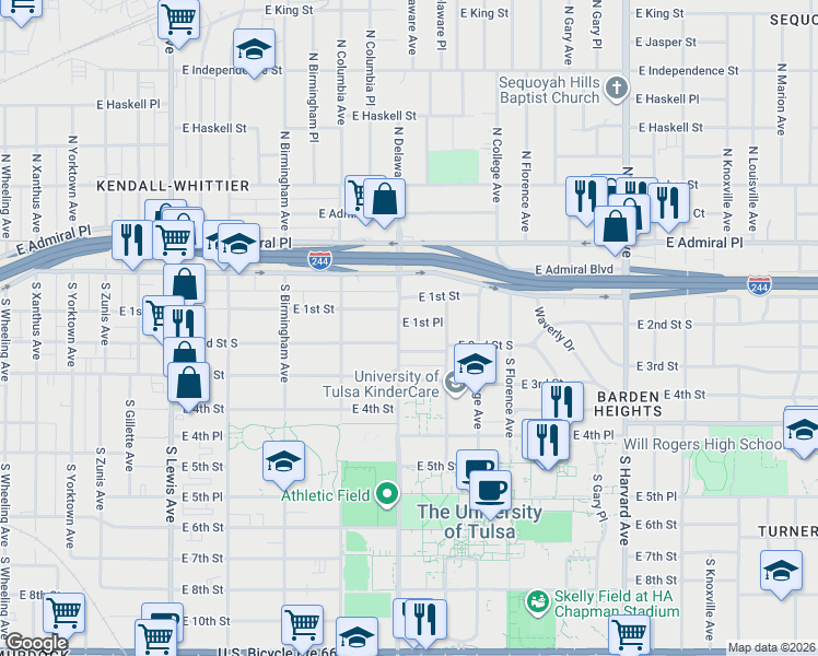 map of restaurants, bars, coffee shops, grocery stores, and more near 2805 East 2nd Street in Tulsa