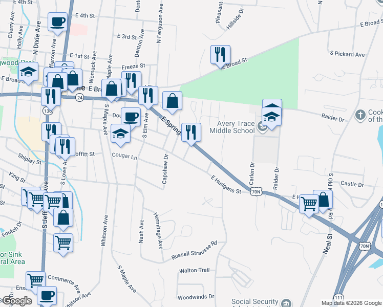 map of restaurants, bars, coffee shops, grocery stores, and more near 914 East Hudgens Street in Cookeville