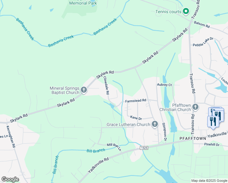 map of restaurants, bars, coffee shops, grocery stores, and more near 5621 Clinedale Court in Pfafftown