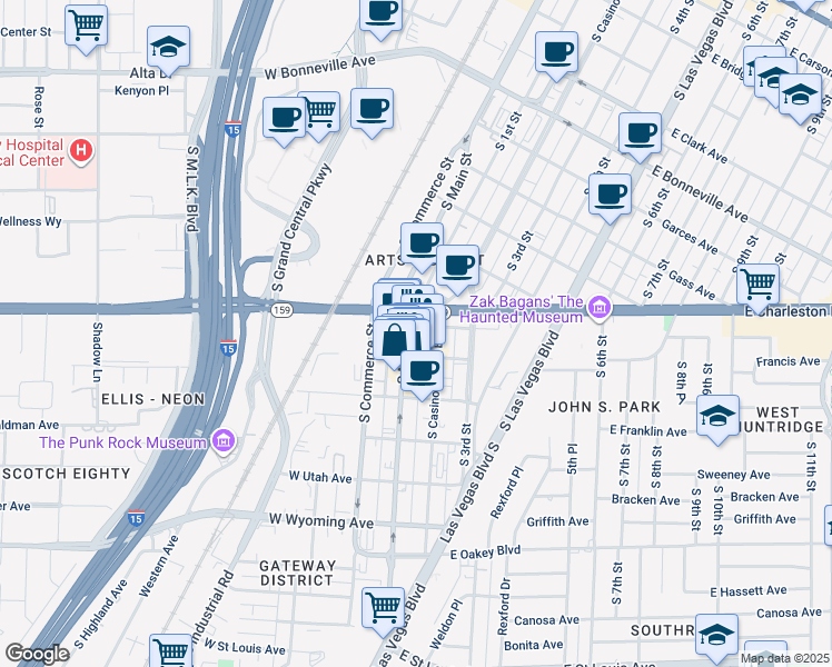 map of restaurants, bars, coffee shops, grocery stores, and more near 1131 South Main Street in Las Vegas