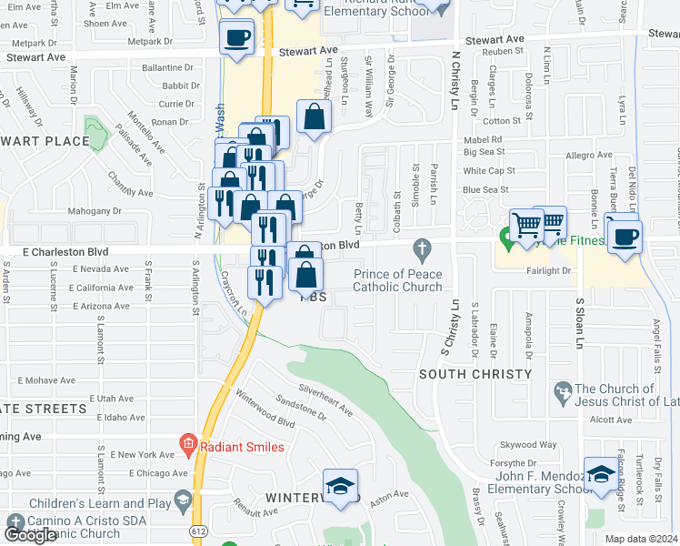 map of restaurants, bars, coffee shops, grocery stores, and more near 1216 South Nellis Boulevard in Las Vegas