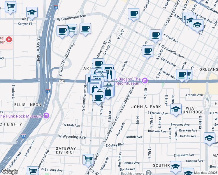 map of restaurants, bars, coffee shops, grocery stores, and more near 1129 South Casino Center Boulevard in Las Vegas