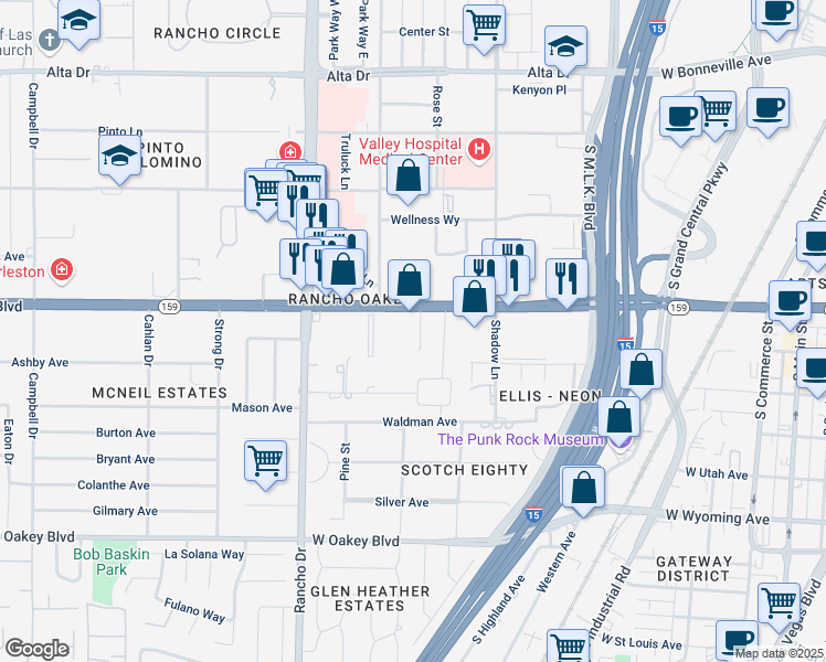 map of restaurants, bars, coffee shops, grocery stores, and more near 1132 Pahor Drive in Las Vegas