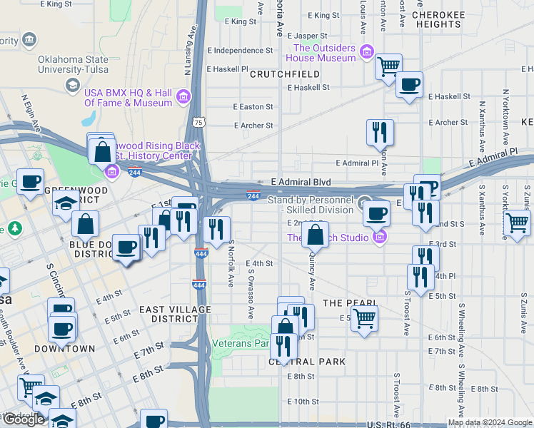map of restaurants, bars, coffee shops, grocery stores, and more near 1232 East 2nd Street in Tulsa