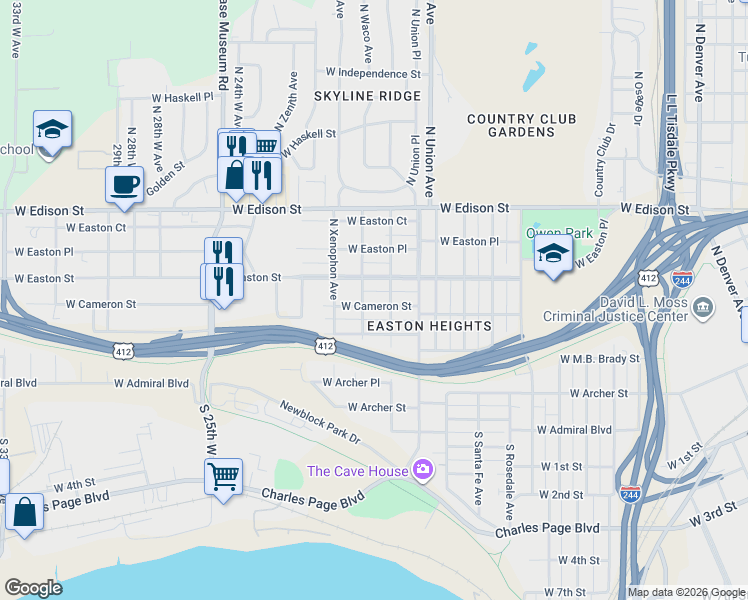 map of restaurants, bars, coffee shops, grocery stores, and more near 1820 West Cameron Street in Tulsa