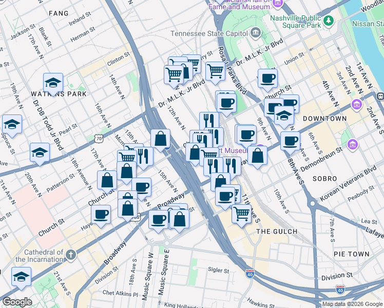 map of restaurants, bars, coffee shops, grocery stores, and more near 131 George L Davis Boulevard in Nashville