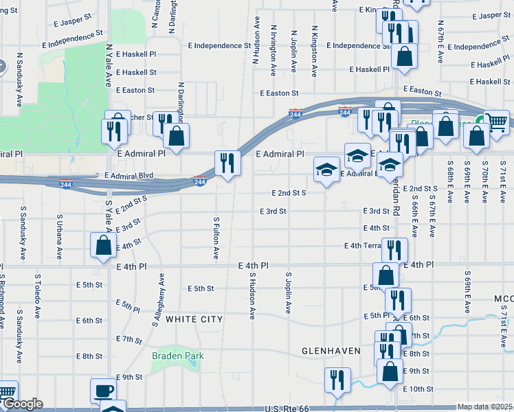 map of restaurants, bars, coffee shops, grocery stores, and more near 5703 East 3rd Street in Tulsa