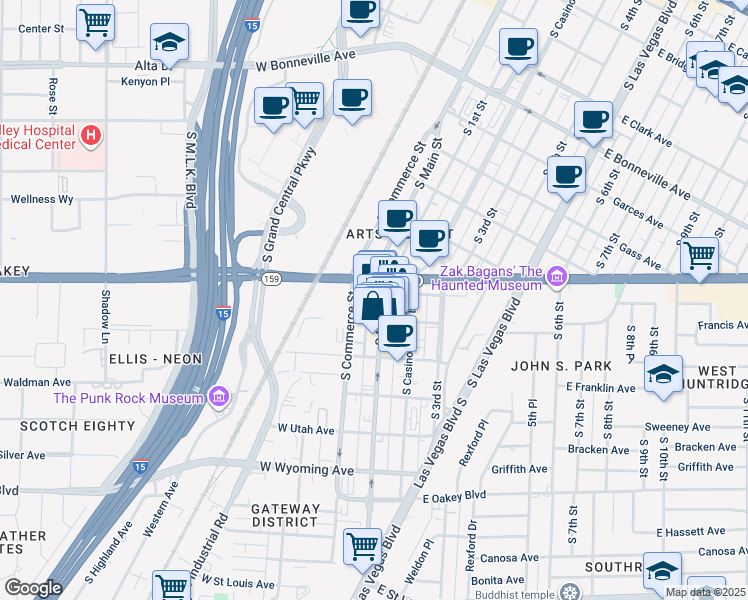 map of restaurants, bars, coffee shops, grocery stores, and more near 1131 South Main Street in Las Vegas