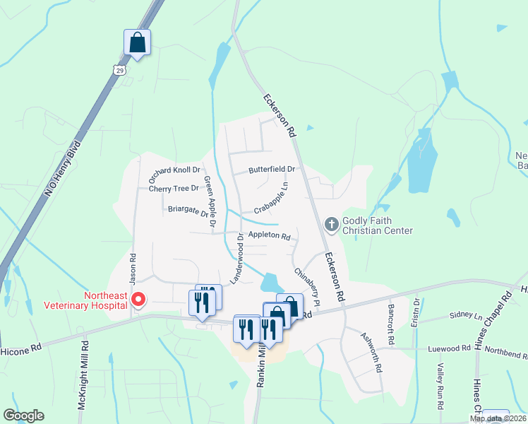 map of restaurants, bars, coffee shops, grocery stores, and more near 5501 Crabapple Court in Greensboro