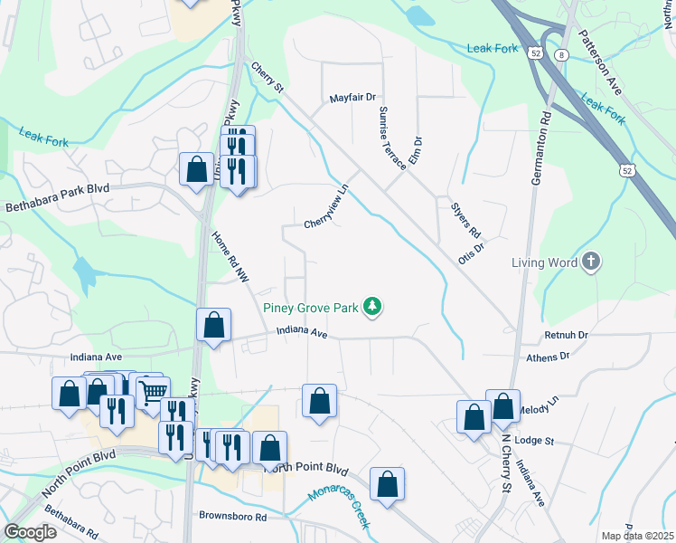 map of restaurants, bars, coffee shops, grocery stores, and more near Mitchell Drive in Winston-Salem