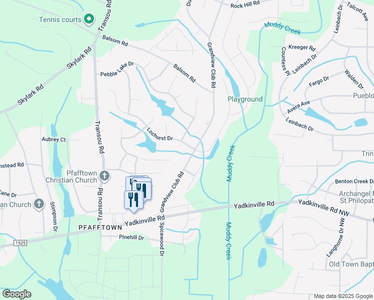 map of restaurants, bars, coffee shops, grocery stores, and more near 4398 Lochurst Drive in Pfafftown
