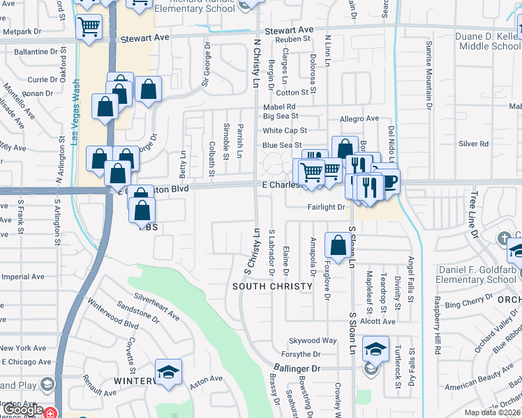map of restaurants, bars, coffee shops, grocery stores, and more near 1258 South Christy Lane in Las Vegas