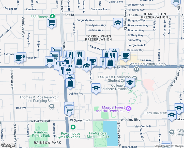 map of restaurants, bars, coffee shops, grocery stores, and more near 1110 Redwood Street in Las Vegas