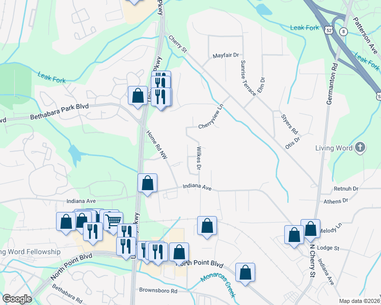map of restaurants, bars, coffee shops, grocery stores, and more near 4950 Wilkes Drive in Winston-Salem