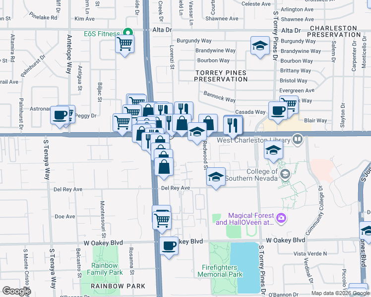 map of restaurants, bars, coffee shops, grocery stores, and more near 6719 West Charleston Boulevard in Las Vegas