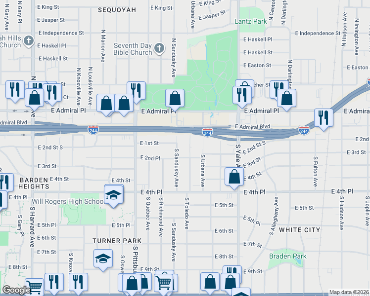 map of restaurants, bars, coffee shops, grocery stores, and more near 46 South Toledo Avenue East in Tulsa