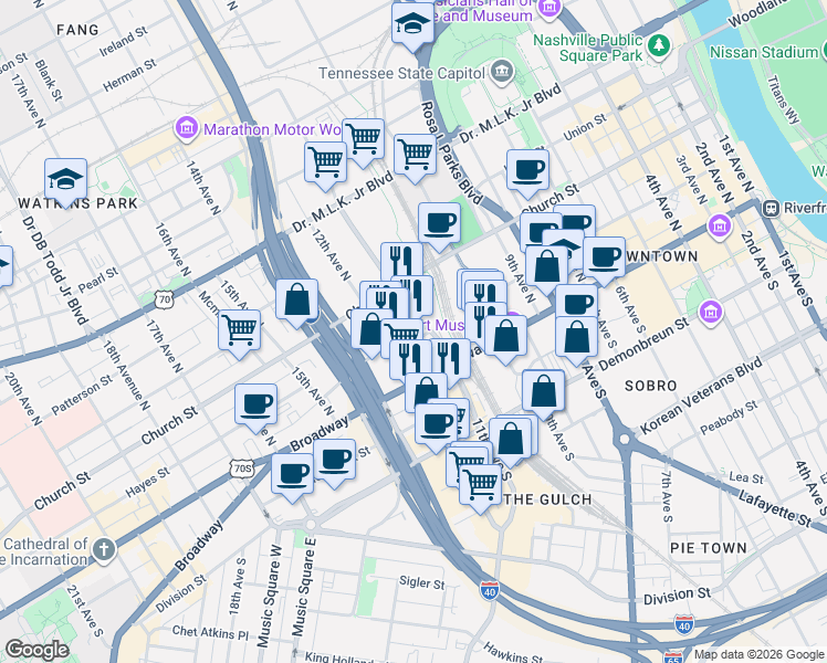 map of restaurants, bars, coffee shops, grocery stores, and more near 1100 Broadway in Nashville