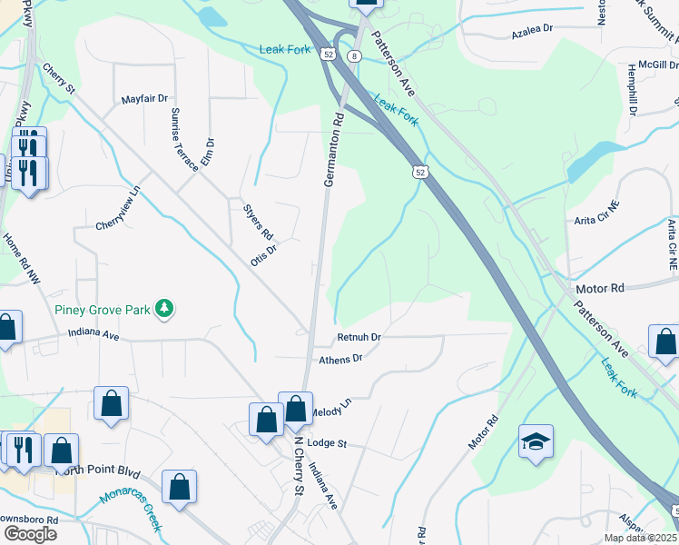 map of restaurants, bars, coffee shops, grocery stores, and more near 4809 Germanton Road in Winston-Salem