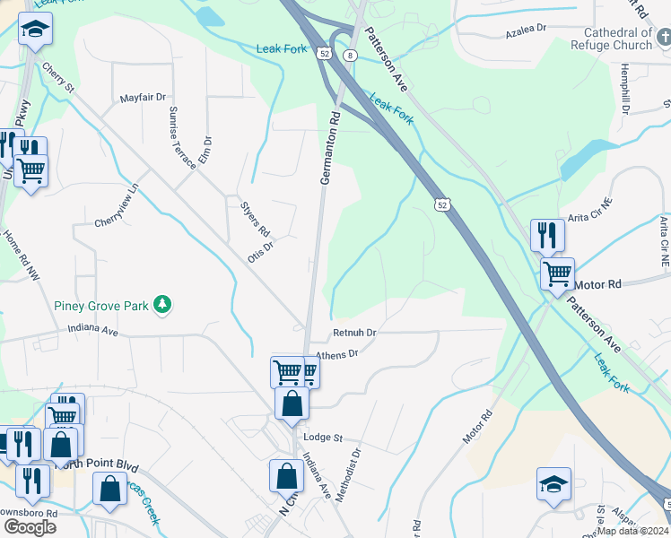 map of restaurants, bars, coffee shops, grocery stores, and more near 4809 Germanton Road in Winston-Salem