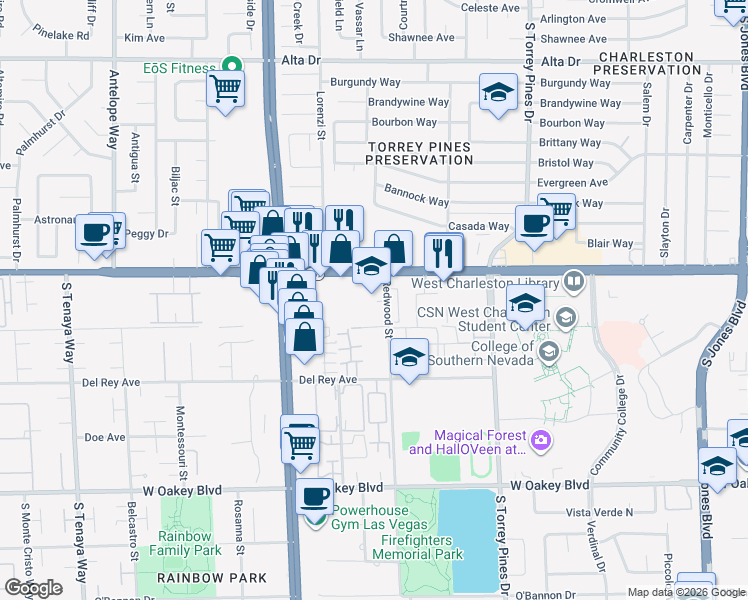 map of restaurants, bars, coffee shops, grocery stores, and more near 6701 West Charleston Boulevard in Las Vegas