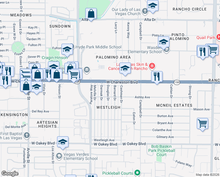 map of restaurants, bars, coffee shops, grocery stores, and more near 1115 Douglas Drive in Las Vegas