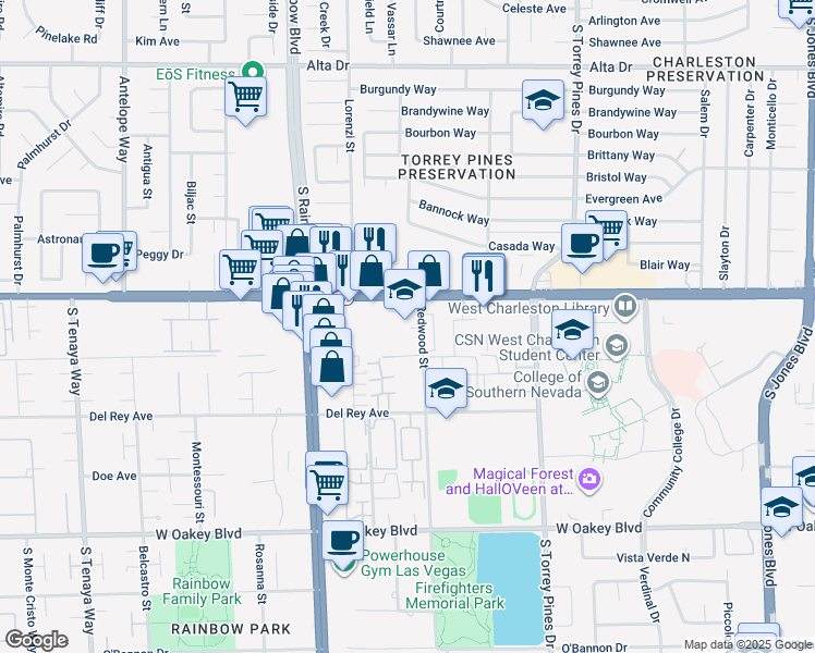 map of restaurants, bars, coffee shops, grocery stores, and more near 6701 West Charleston Boulevard in Las Vegas