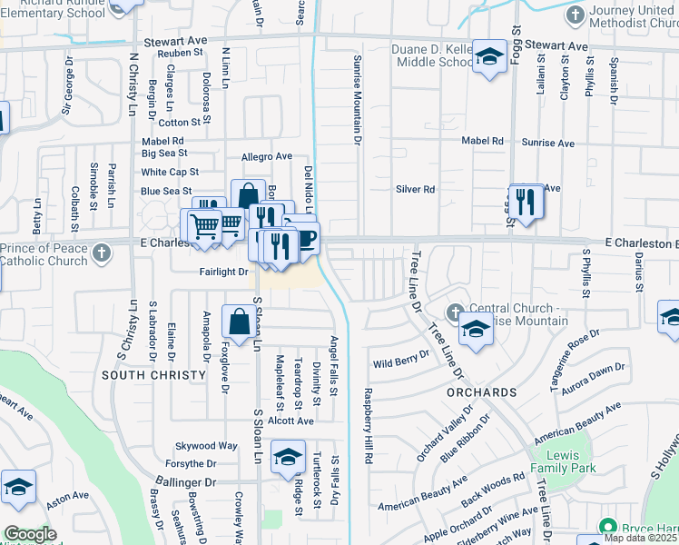 map of restaurants, bars, coffee shops, grocery stores, and more near 5969 East Red Rasberry Court in Las Vegas