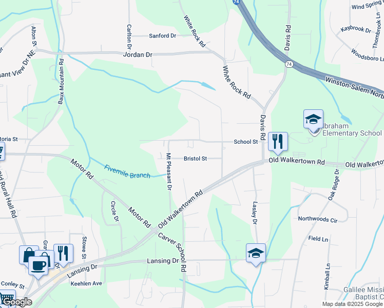 map of restaurants, bars, coffee shops, grocery stores, and more near 2146 Bristol Street in Winston Salem