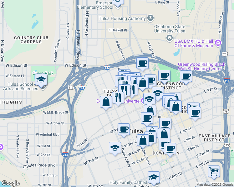 map of restaurants, bars, coffee shops, grocery stores, and more near 105 West Reconciliation Way in Tulsa