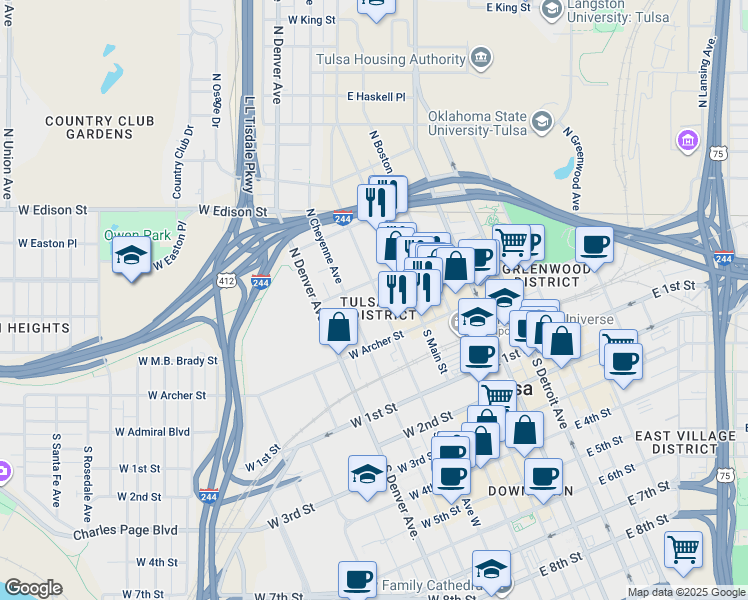 map of restaurants, bars, coffee shops, grocery stores, and more near 105 West Reconciliation Way in Tulsa