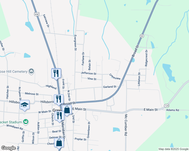 map of restaurants, bars, coffee shops, grocery stores, and more near 412 Vine Street in Greenfield